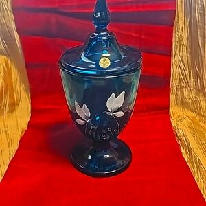 FENTON ART GLASS  FOOTED CANDY DISH 2005 TURQUOISE "BUTTERFLY MINUET"